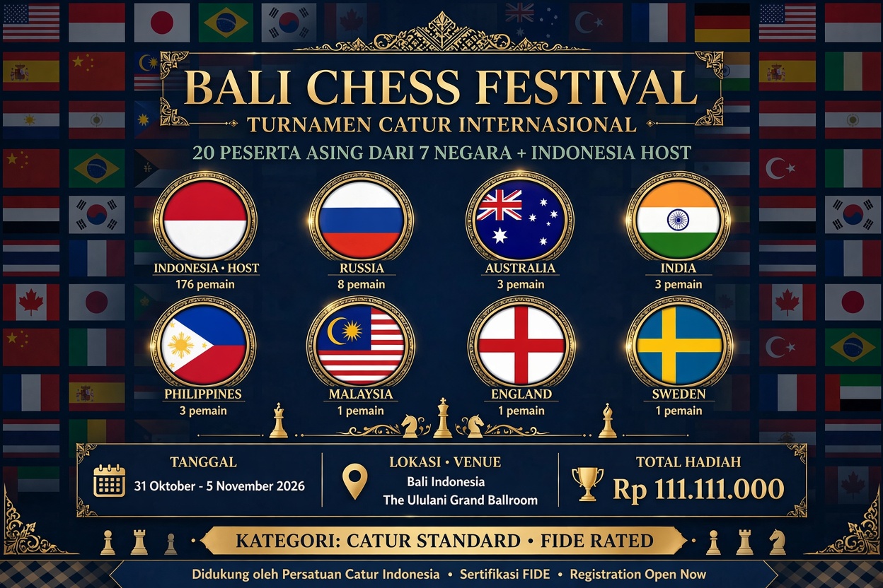 Bali Chess Festival 2026 Mendunia! 20 Pecatur Asing dari 7 Negara Siap Berlaga di Pulau Dewata